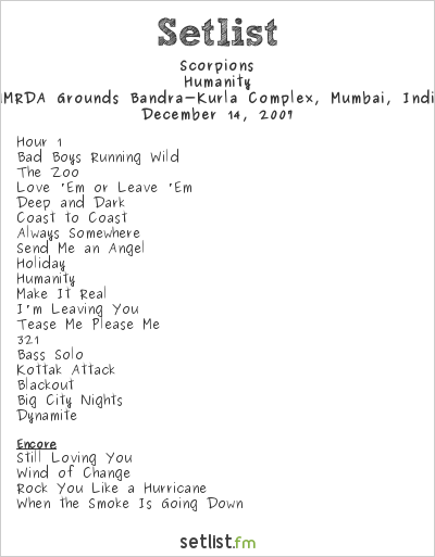 Scorpions at MMRDA Grounds Bandra-Kurla Complex, Mumbai, India Setlist