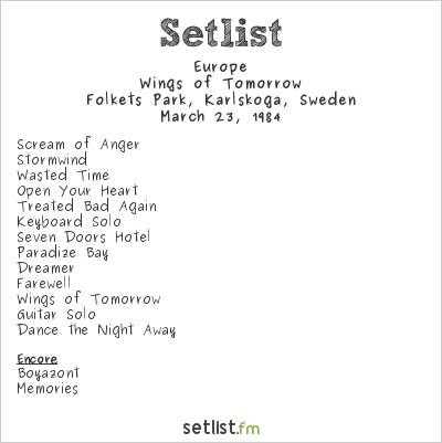 Europe at Folkets Park, Karlskoga, Sweden Setlist