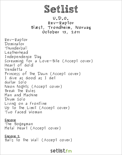 U.D.O. at Blæst, Trondheim, Norway Setlist