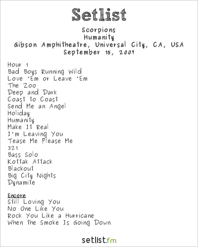 Scorpions at Gibson Amphitheatre, Universal City, CA, USA Setlist