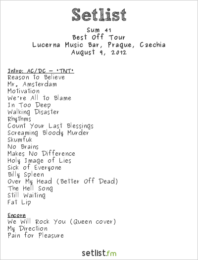 Sum 41 at Lucerna Music Bar, Prague, Czechia Setlist