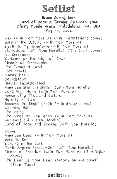 Bruce Springsteen Setlist Xfinity Mobile Arena, Philadelphia, PA, USA 2026, Land of Hope & Dreams American Tour
