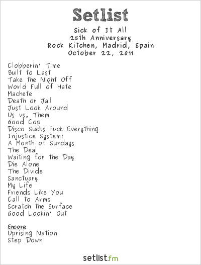 Sick of It All at Rock Kitchen, Madrid, Spain Setlist