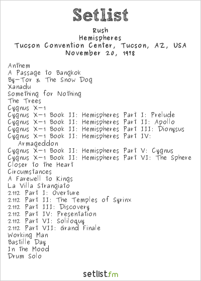 Rush at Tucson Convention Center, Tucson, AZ, USA Setlist