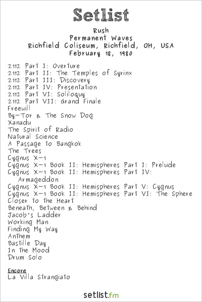 Rush at Richfield Coliseum, Richfield, OH, USA Setlist