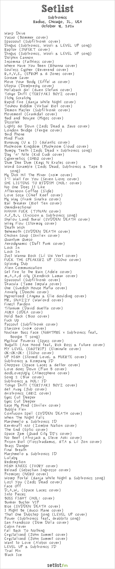 Subtronics at Radius, Chicago, IL, USA Setlist
