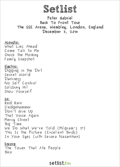 Peter Gabriel at The SSE Arena, Wembley, London, England Setlist