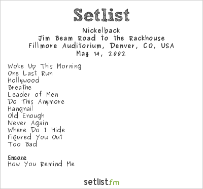 Nickelback at Fillmore Auditorium, Denver, CO, USA Setlist