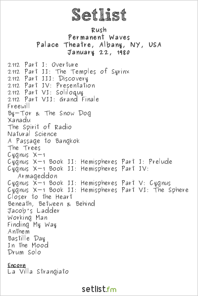 Rush at Palace Theatre, Albany, NY, USA Setlist