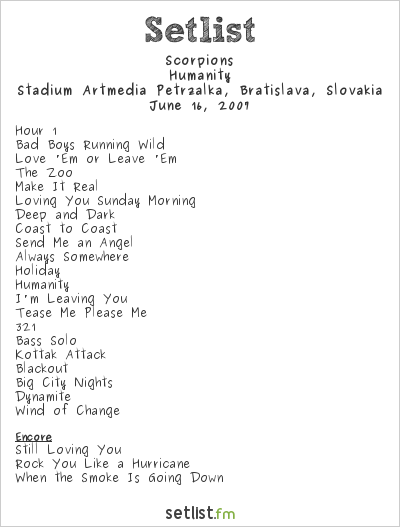 Scorpions at Stadium Artmedia Petrzalka, Bratislava, Slovakia Setlist
