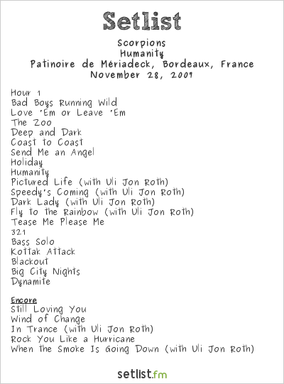 Scorpions at Patinoire de Mériadeck, Bordeaux, France Setlist