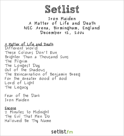 Iron Maiden at NEC Arena, Birmingham, England Setlist