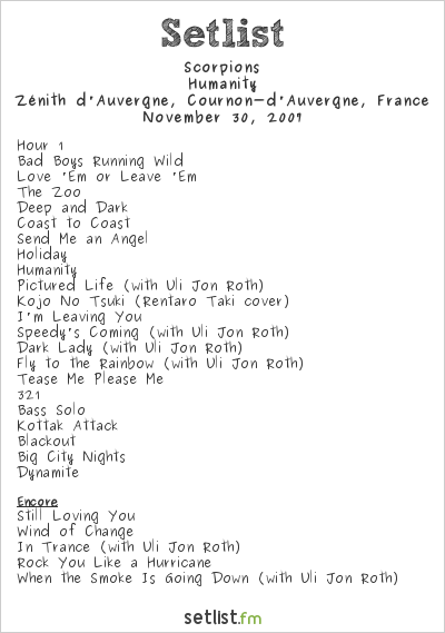 Scorpions at Zénith d'Auvergne, Cournon-d'Auvergne, France Setlist
