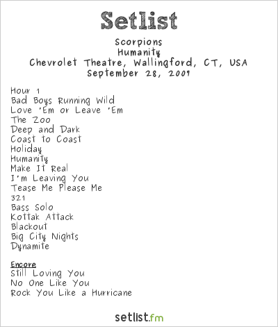 Scorpions at Chevrolet Theatre, Wallingford, CT, USA Setlist