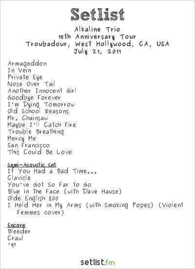 Alkaline Trio at Troubadour, West Hollywood, CA, USA Setlist