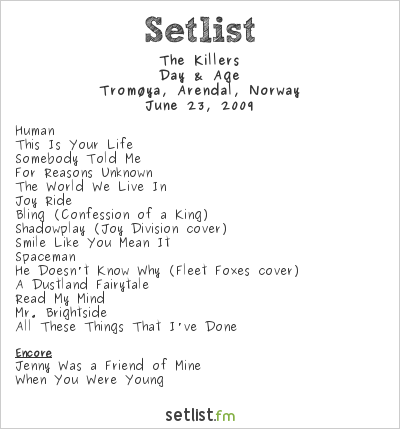 The Killers at Hovefestivalen 2009 Setlist