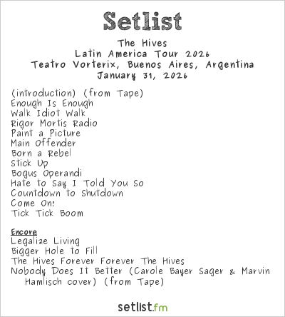 The Hives Setlist Teatro Vorterix, Buenos Aires, Argentina, Latin America Tour 2026