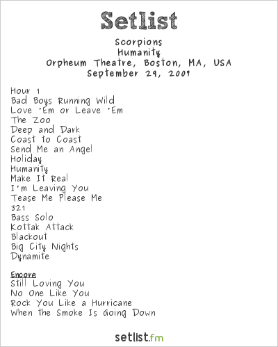 Scorpions at Orpheum Theatre, Boston, MA, USA Setlist