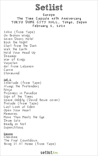 Europe at TOKYO DOME CITY HALL, Tokyo, Japan Setlist