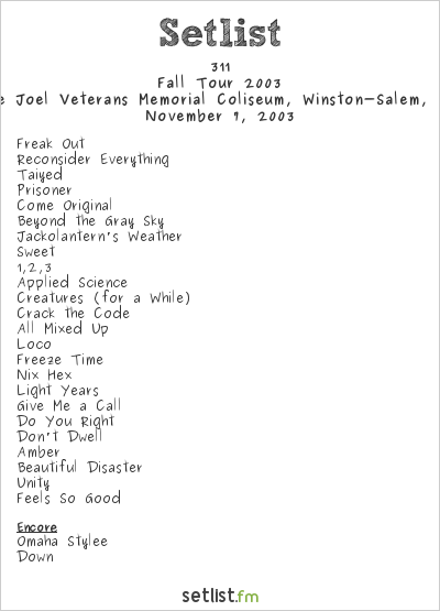311 at Lawrence Joel Veterans Memorial Coliseum, Winston-Salem, NC, USA Setlist