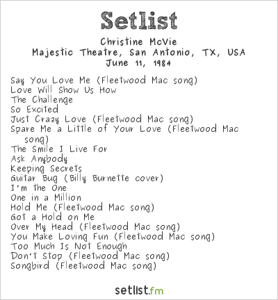 Christine McVie at Majestic Theatre, San Antonio, TX, USA Setlist