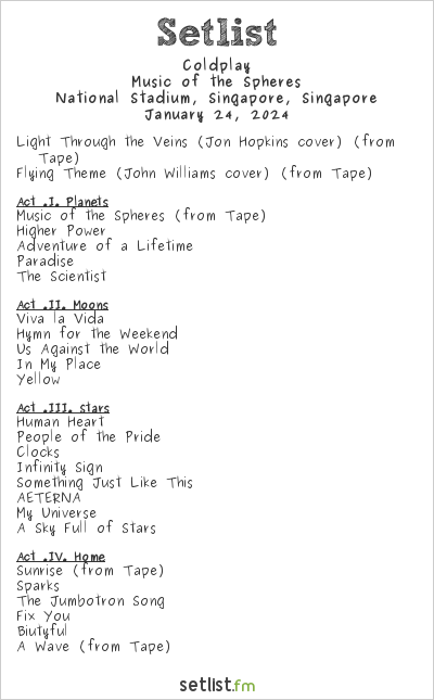 Coldplay at National Stadium, Singapore, Singapore Setlist