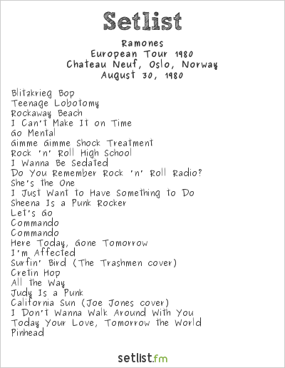 Ramones at Chateau Neuf, Oslo, Norway Setlist